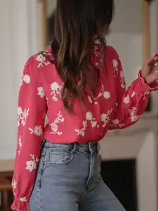 Boho Bohemian Embroidered Shirt, Spring New Floral Button-Up Top, Women's Casual Ruffle Cuff Blouse, Long Sleeve Fitted Tee