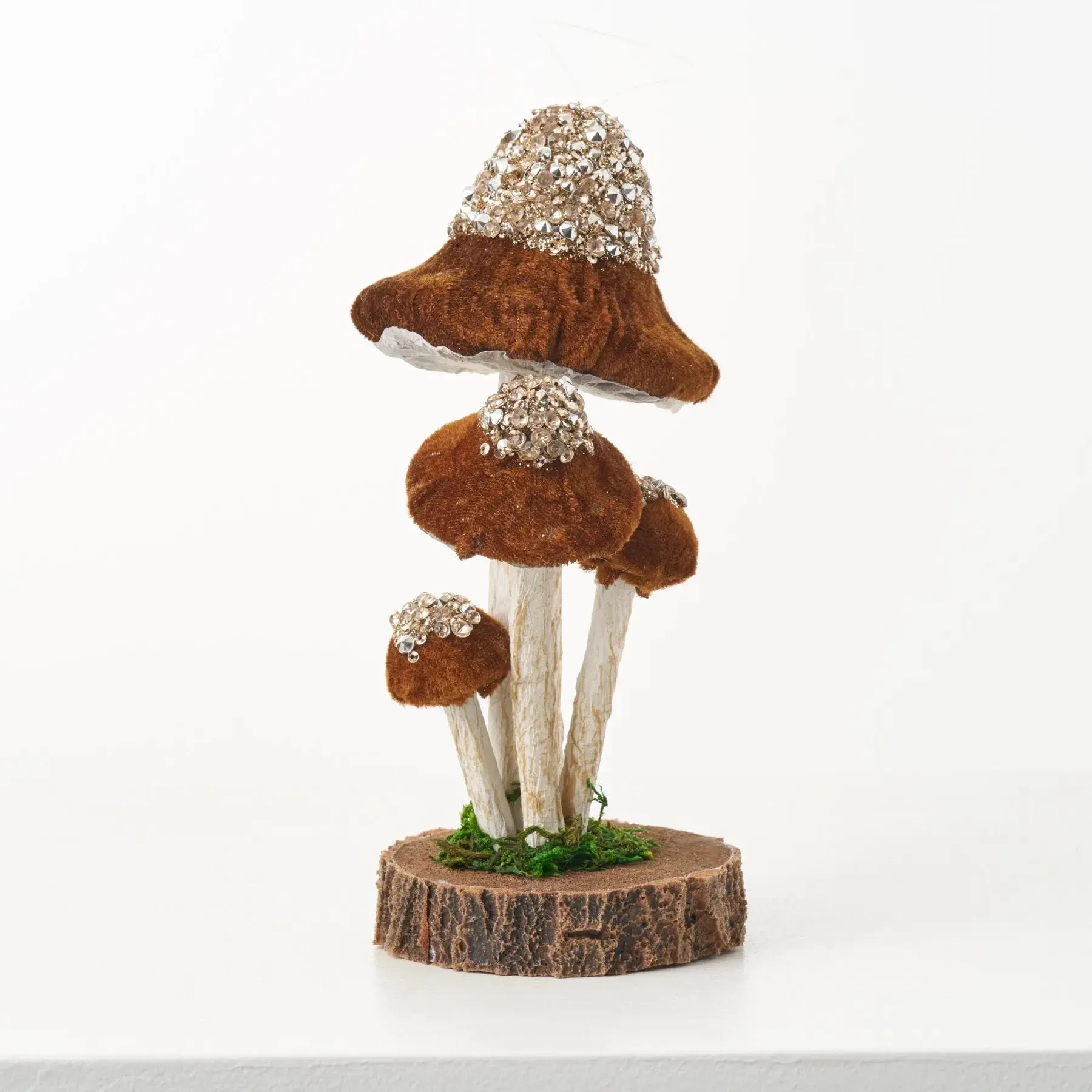 Hanging Foam Mushroom Ornament - Glitter, Sequin, Moss-Adorned Round Faux Wood Disk Hanging Home Decoration for Tree, Wall
