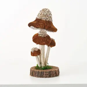 Glitter, Sequin & Moss Adorned Hanging Foam Mushroom Ornament on Faux Wood Disk