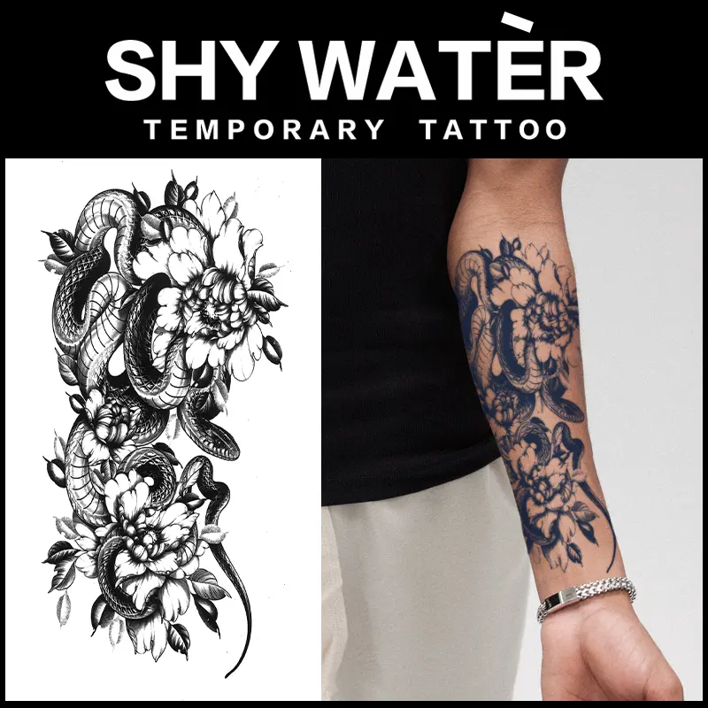 2PCS Vintage Black Realistic Coiled Snake Peony Floral Large Forearm Sleeve Temporary Tattoo Stickers, Long Lasting Waterproof Semi-Permanent Realistic Fake Body Art Tattoos,  Perfect For Beach Swimming Vacation Club Party