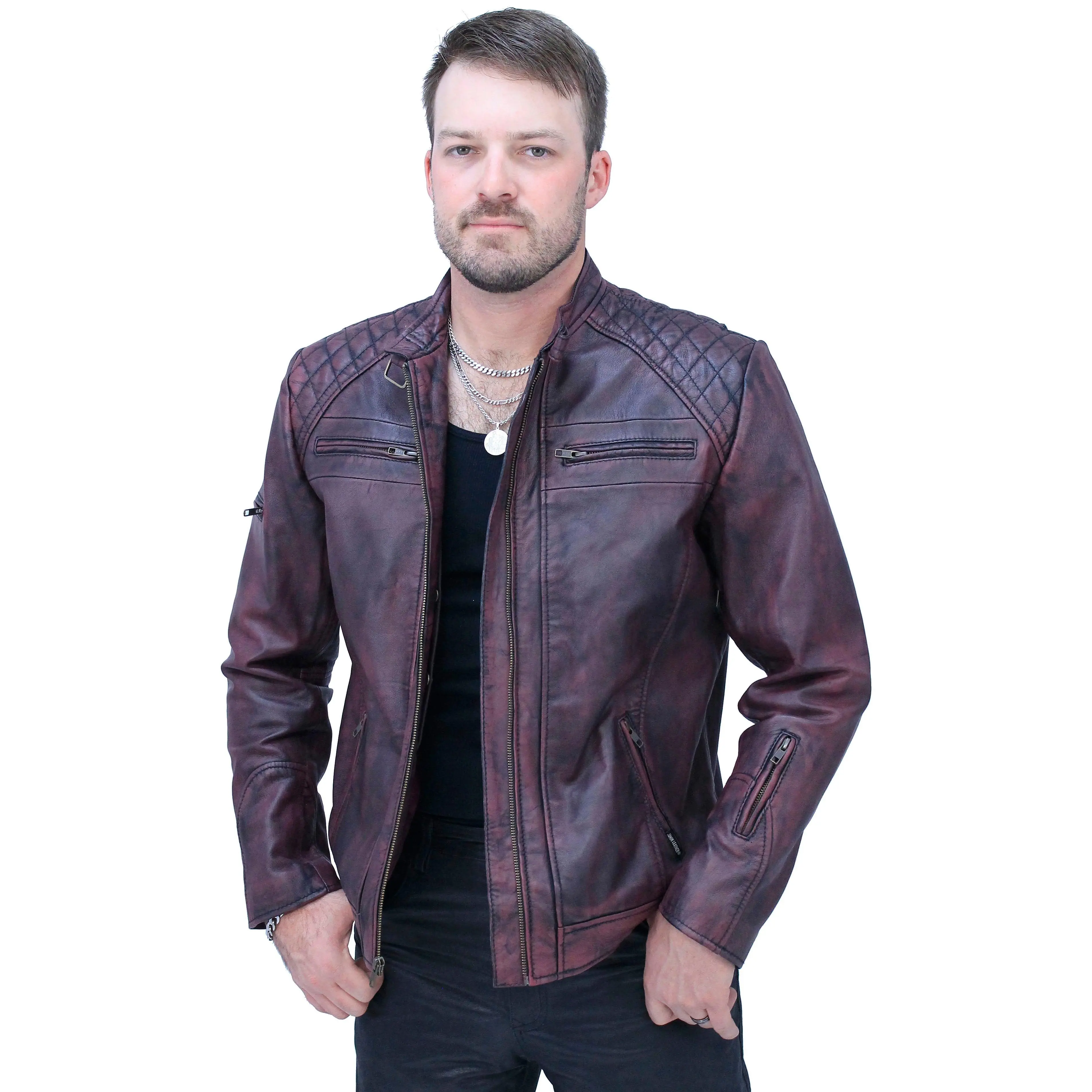 Burgundy Distressed Leather Vented Scooter Jacket CC Pockets #MA2021VQGR