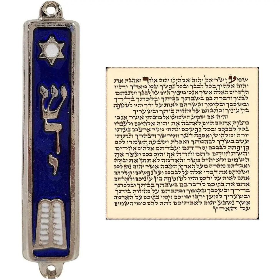 Ten Commandments MEZUZAH with Scroll Silver Tone Enamel Israel Judaica Door Mezuza 3.5 Inch
