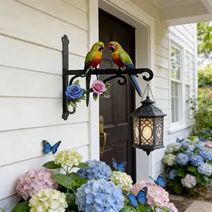 Two 2D Parrot Metal Wall Hooks, Rust-Resistant, Sunscreen, with Installation Screws, for Garden, Courtyard, Corridor, Bird Feeder, Flower Basket, Plant Pot