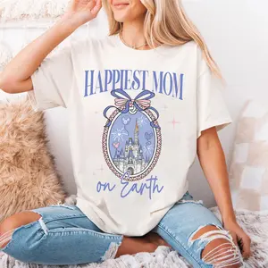 Youth and Adult Magic Kingdom Castle Coquette Bow T-shirt, Happiest Mom On Earth Shirt, Magic Kingdom Mama Tee, Mother's Day Gift For Mom, Magic Kingdomland Family Trip Outfit
