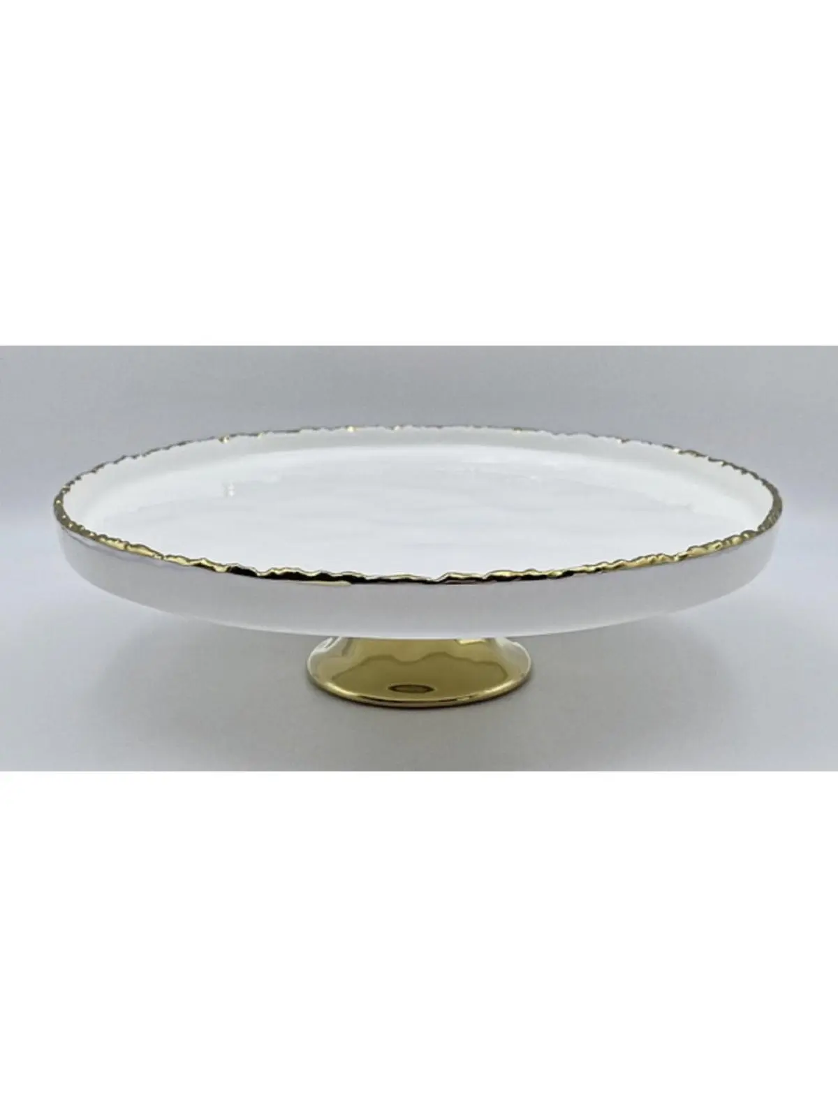 Jiallo 69419 Simplicity Collection Modern Chic White Porcelain Round Dessert Plate with Raised Gold Trim, 3 lb Raised Stand for Dining Serving