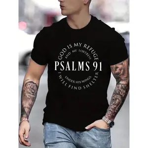 Men's Casual Short Sleeve T-Shirt - Psalm 91 Inspirational Print, Navy Blue Crew Neck Regular Fit, Machine Washable Comfortable Street Style, Fashion Tattoo Pattern Soft Fabric Top