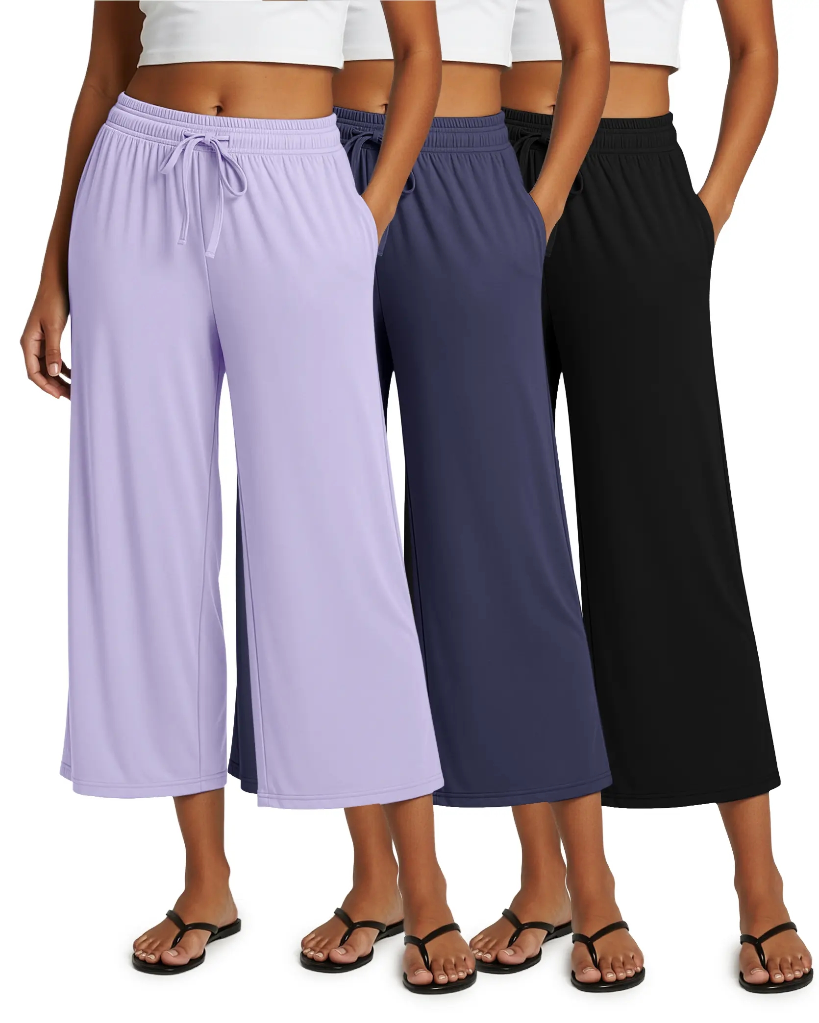 Real Essentials 3 Pack: Women's Ultra-Soft Wide Leg Loose Capri Open Bottom Pants - Yoga Lounge Pockets(Available in Plus)