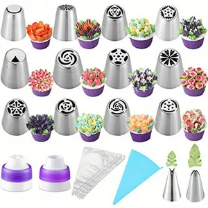 27 PCS Decorating Nozzles Stainless Steel Squeeze Nozzles Set Disposable Plastic Bags and Silicone Couplers Cakes and Cups Seamless Icing Nozzles for Decoration Baking Tools and Accessories Bakeware Pastry Colorful Desserts