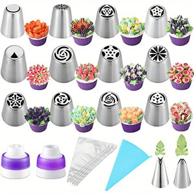 27 PCS Decorating Nozzles Stainless Steel Squeeze Nozzles Set Disposable Plastic Bags and Silicone Couplers Cakes and Cups Seamless Icing Nozzles for Decoration Baking Tools and Accessories Bakeware Pastry Colorful Desserts
