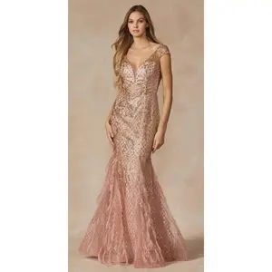 Women's Formal Wear Juliet 286 Floor-Length Feather Prom Dress - Fitted, Glitter Sequin Embellished, Cap Sleeves, Padded Bodice, Sheer Fabric, Zipper Closure, Evening Party