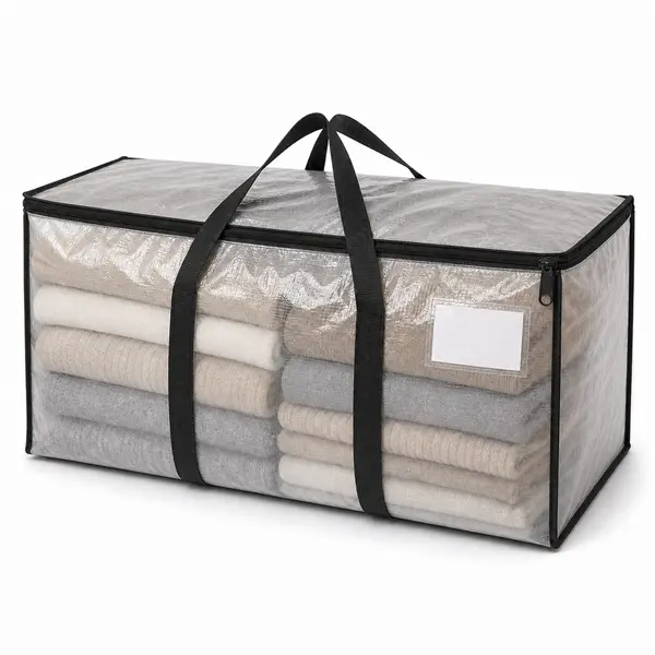 Extra Large Clear Storage Bag for Clothes and Bedding, 29 x 14 x 13 Inch Foldable Moving Tote with Zipper, Black Full-Wrap Carry Handles and Writable Label Card, Semi-Transparent 180 GSM Woven PE Organizer for Closet, Dorm, Travel and Moving