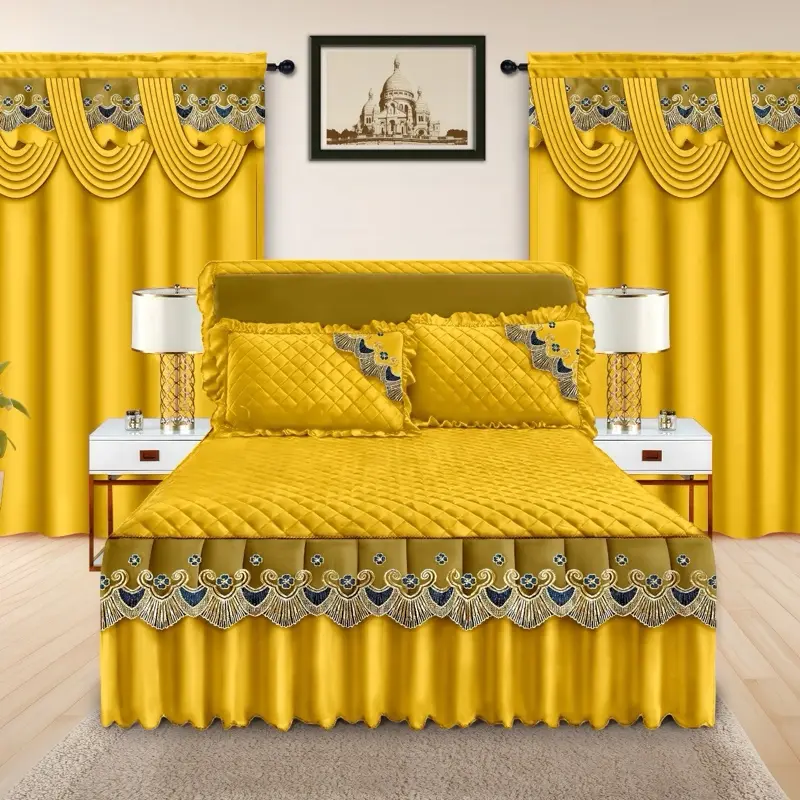 Lilianna Collection 5 pcs Bed Skirt Set for King Size Bed with Lace Pillow Cases and Valance Solid Curtain