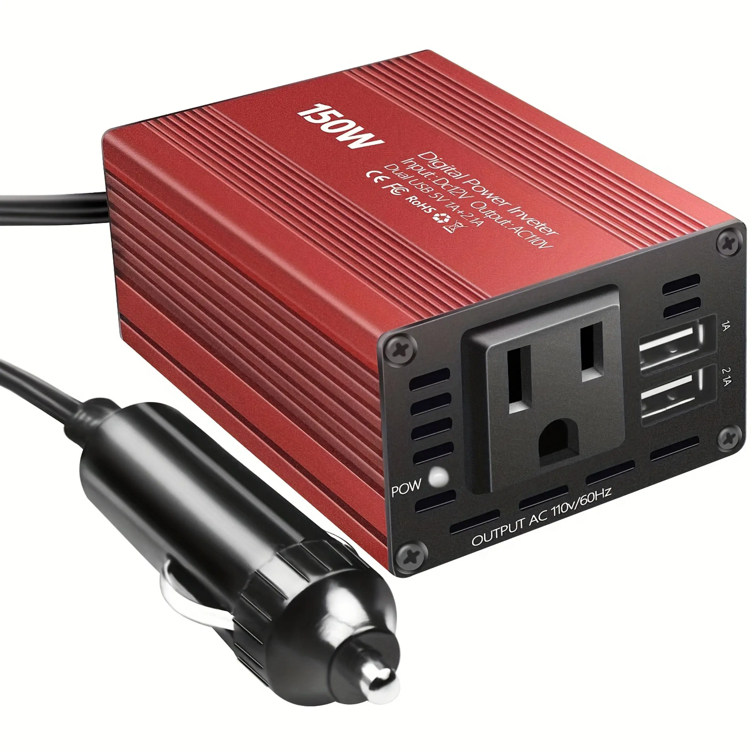 150w Car Inverter Dc12v to Ac110v, Fast 3.1a Dual USB Charging, Convenient Cigarette Lighter Adapter for Travel, Powers Phones, Ipads, Laptops, Dual USB Charger