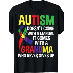 men's wear flash sale Colorful Autism Awareness T-Shirt - Bold Graphic Design Featuring 'AUTISM' in Vibrant Colors and Supportive Quote for Grandmothers - Fun Casual Tee for Every Day Wear, Perfect for Autism Support Events and Celebrations