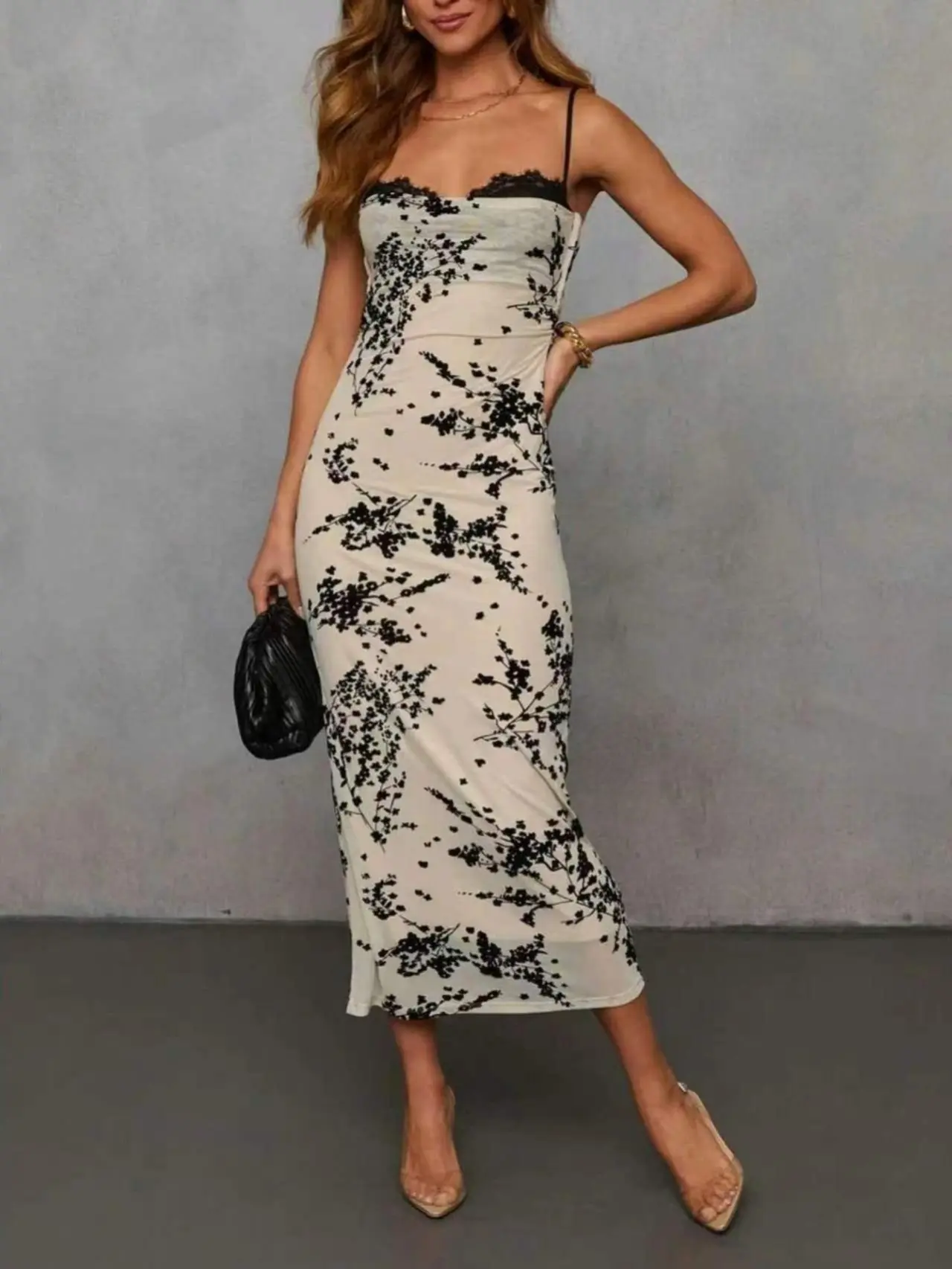 Women's Trendy Floral Print Mesh Cami Midi Dress - Elegant Bodycon Sleeveless Outfit with Side Ruched Detail | Sexy Date Night Cocktail & Wedding Guest Party Dress Fabric Formal Lace Polyester White Womenswear Black Slim Woven Chic