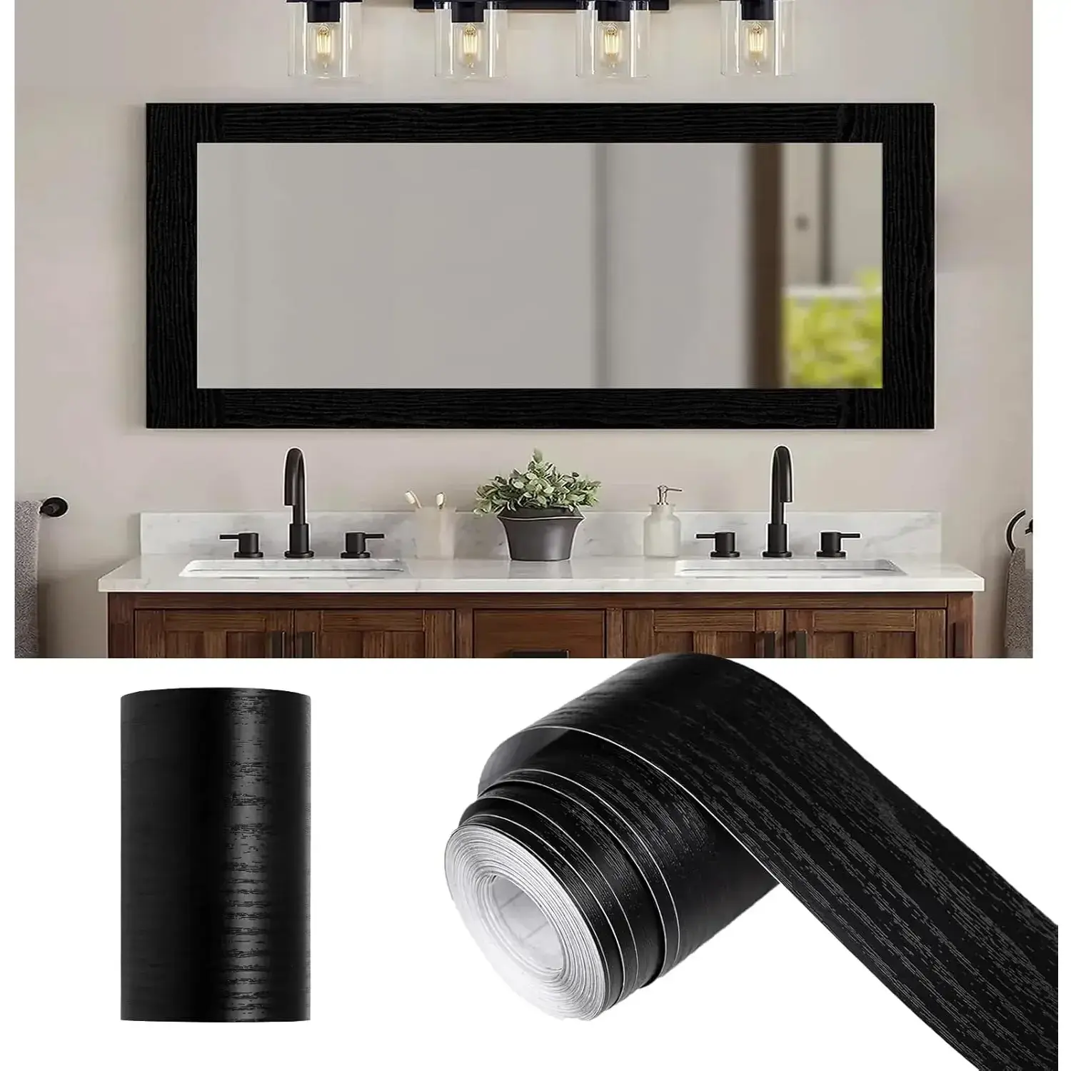 10M Black Wood Grain Mirror Frame Border Peel and Stick Wallpaper ...