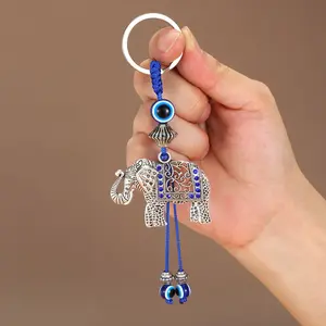 2024 New Demon Eye Elephant Fashion Keychain with Blue Beads and Silver Color Design