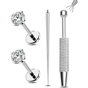 2 count 20G/18G/16G Titanium Flat  Nose Studs Internally Thread Cartilage Earring Studs Clear CZ Helix Tragus Earrings for Women Medusa Labret Stud Conch