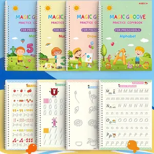 Magic Grooved Practice Copybook, 4 Pcs Reusable Writing Magic Book, Grooved Handwriting Workbooks, Large Practice Scribe Book Set for Kids Preschool Calligraphy Learning Number Letter Math Drawing Tracing Books