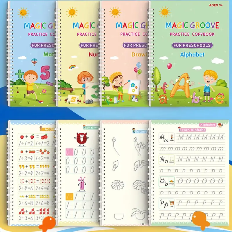 Magic Grooved Reusable Practice Copybook Set (4 Pcs) - Large Scribe Workbooks for Preschool Kids, Back to School Haul, Preschool Learning, Fine Motor Skills, Alphabet, Tracing Pages, Calligraphy Number Letter Math Drawing Practice