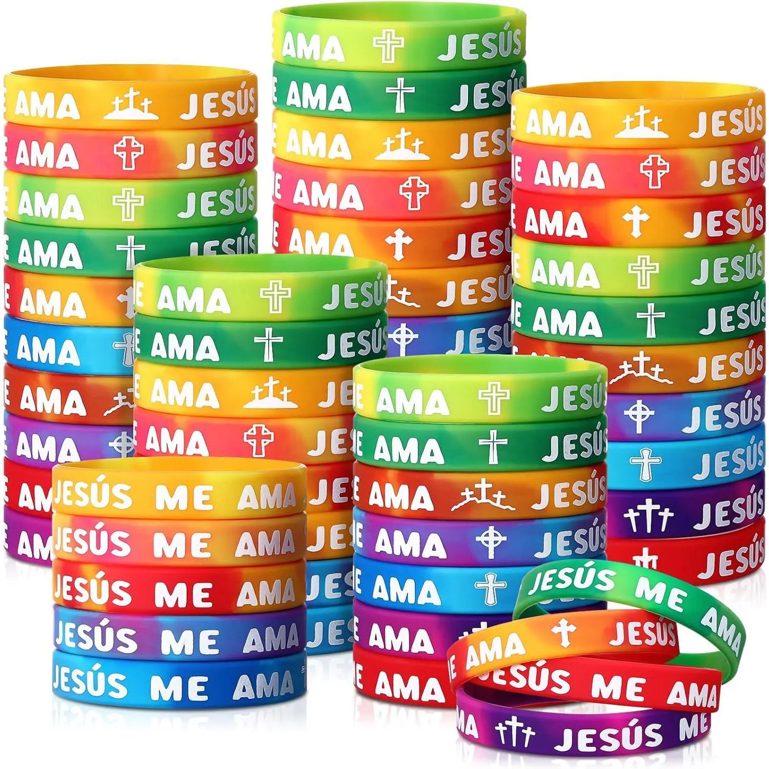 100-Count Spanish Text Religious Faith-Based Message Bracelets & Bangles, 10-Style Rainbow Synthetic Loves Me/Me Ama Wristbands for Missionaries, Church Giveaways, Parties, Party, Inspirational, Christian Motif Bracelets & Bangles, Text Print, 100-Rainbow