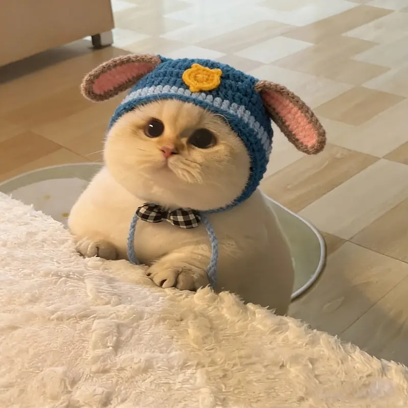 Handmade Crochet Zootopia Judy Hopps Pet Hat with Bib, Cute Knitted Bunny Ear Costume for Cats Small Dogs