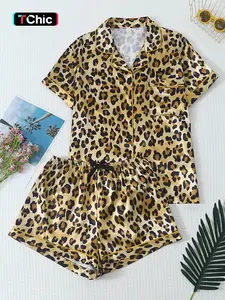 Women's 2-Piece Satin Leopard Print Pajama Set, Fitted Short Sleeve Top with Pockets, Bow Shorts, Casual Home Wear