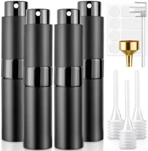 8ML Travel Perfume Atomizer 4 Pack - Refillable Leak Proof Spray Bottles for Fragrance & Essential Oils, Portable Mini Sprayer Set, Christmas Gift (Matte Black)