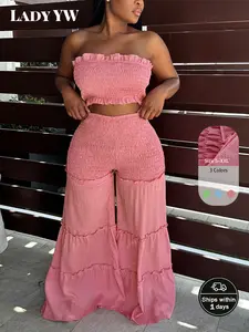 Solid Ruffle Trim Shirred Pantsuits, Casual Backless Strapless Crop Tube Top & High Waist Wide Leg Tiered Pants Outfits, Women's Clothing HN311
