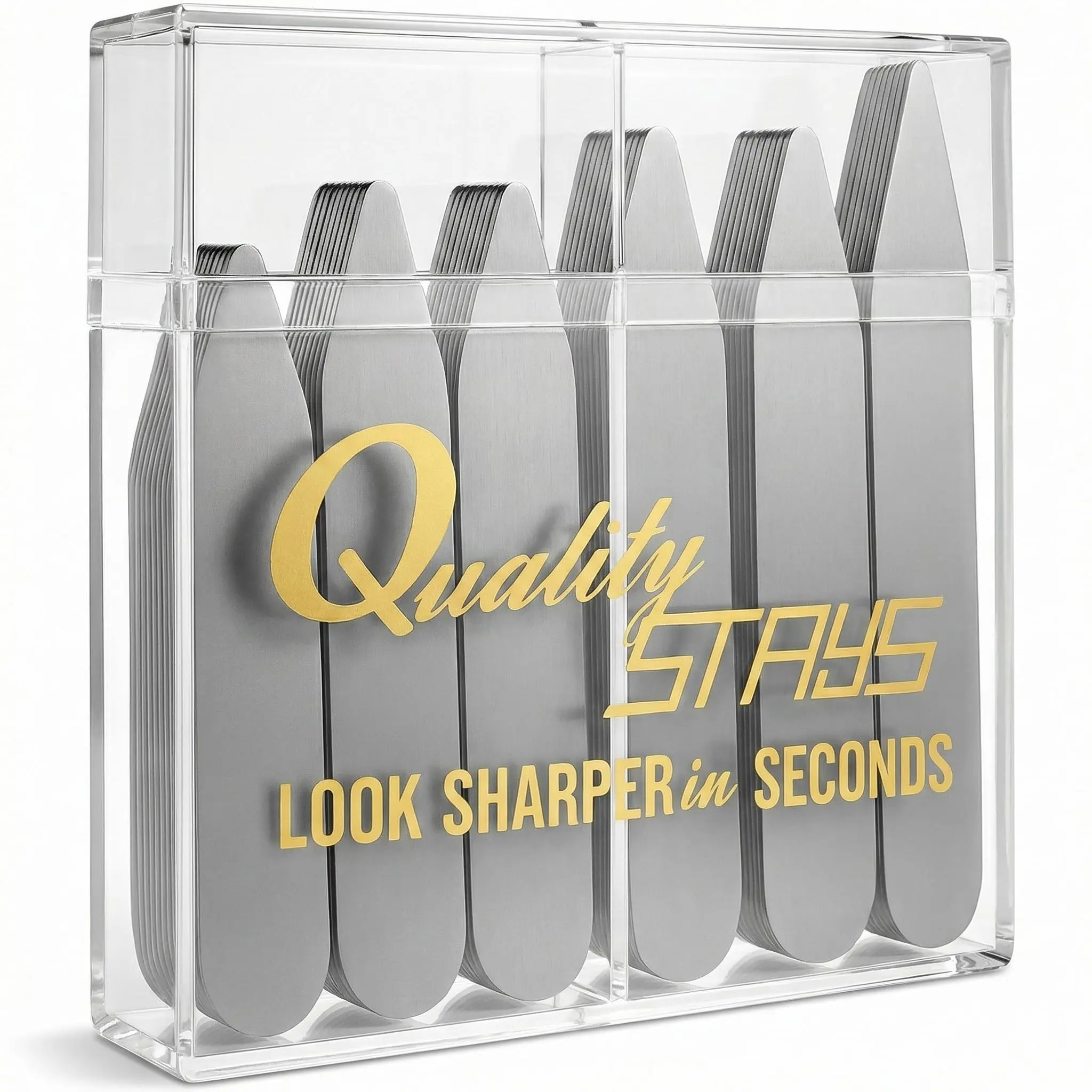 Quality Stays 52 Metal Collar Stays, Stainless Steel Dress Shirt Collar Inserts, 4 Sizes with Storage Case