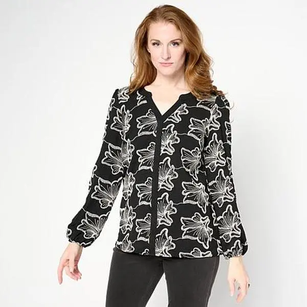 Nina Leonard Embroidered Balloon-Sleeve Woven Blouse