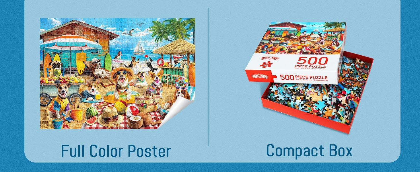 BenBen Puzzles for Adults 500 Pieces, Dogs on Vacation, Summer Dog Jigsaw Puzzle with Patterns on Back, Funny Animal Puzzle, Challenging Puzzles for Family Game Night, Home Décor