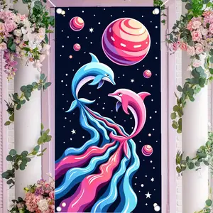 2D flat banner, 1pcWhimsical Space Dolphin Backdrop, Cosmic Pink Blue Dolphin Planet Party Decor, Starry Night Themed Photography Background for TikTok Videosgalentines party decor, valentine day decor, decorations for valentines day