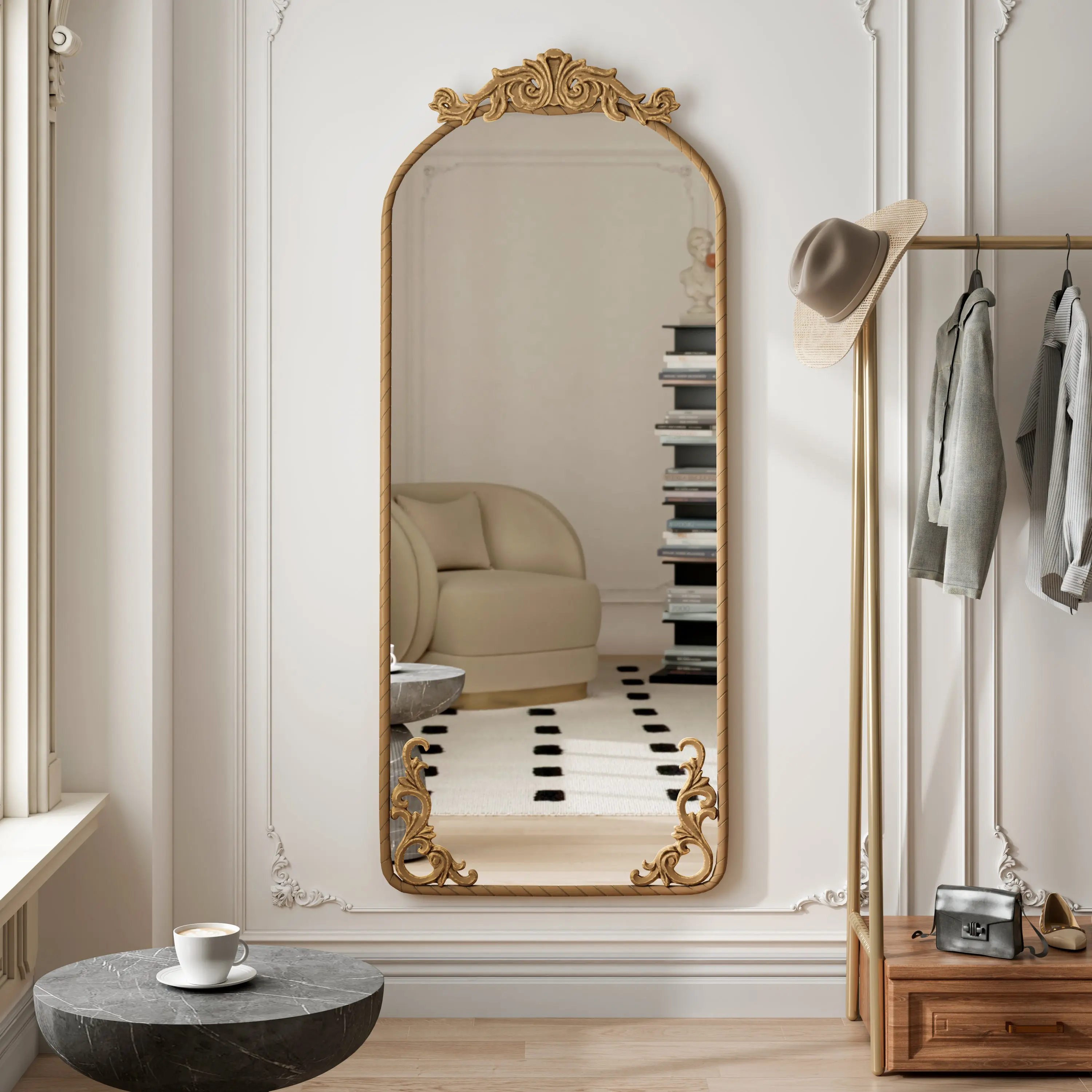 Retro Carved Metal Frame Full Body Mirror - 58x24in Arched High-Def Tempered Glass with Explosion-Proof Design, Wall-Mount Hanging Mirror with Decorative Carved Appliques, Durable Home Decor for Living Room, Gym, Bedroom