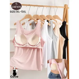2026 Spring Plus Size Women's High Elastic 2-in-1 Built in Bra Tank Top,Comfort Wide Shoulder Strap Casual Knit Vest,Seamless Underwear for Daily Wear,Versatile One-Piece Cup Vest for Home or Go outing