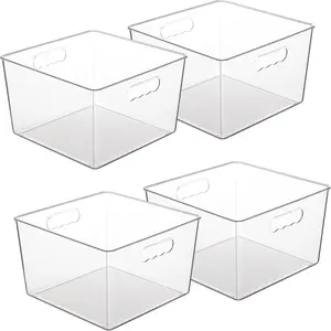 4 Pack  Clear Plastic Storage Bins,11x11 Cube  Organizer Square Containers with Handle for Pantry,Closet,LaundryRoom,Kitchen,Bathroom,UnderSink Organization