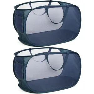 Durable Collapsible Laundry Baskets, Mesh Pop Up Laundry Hamper with Side Pocket, Foldable Clothes Hamper with Reinforced Carry Handles for Laundry, Bathroom, Kids Room, Dorm, Travel 2 Pack Navy Blue