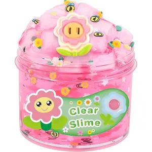 Pink Clear Slime Sunflower Big Jar with Jelly Cubes, Kids Putty Party Favors, Cute Slices Mix Ins, Crunchy Crystal Bubble Slime, Soft Sludge Toy Slime for Girl Boy, Stocking Basket Stuffers