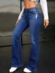 Women's Mid-Waisted Stretch Fabric Fashion Denim Pants - Straight Leg, Baggy Loose Fit, with Pockets