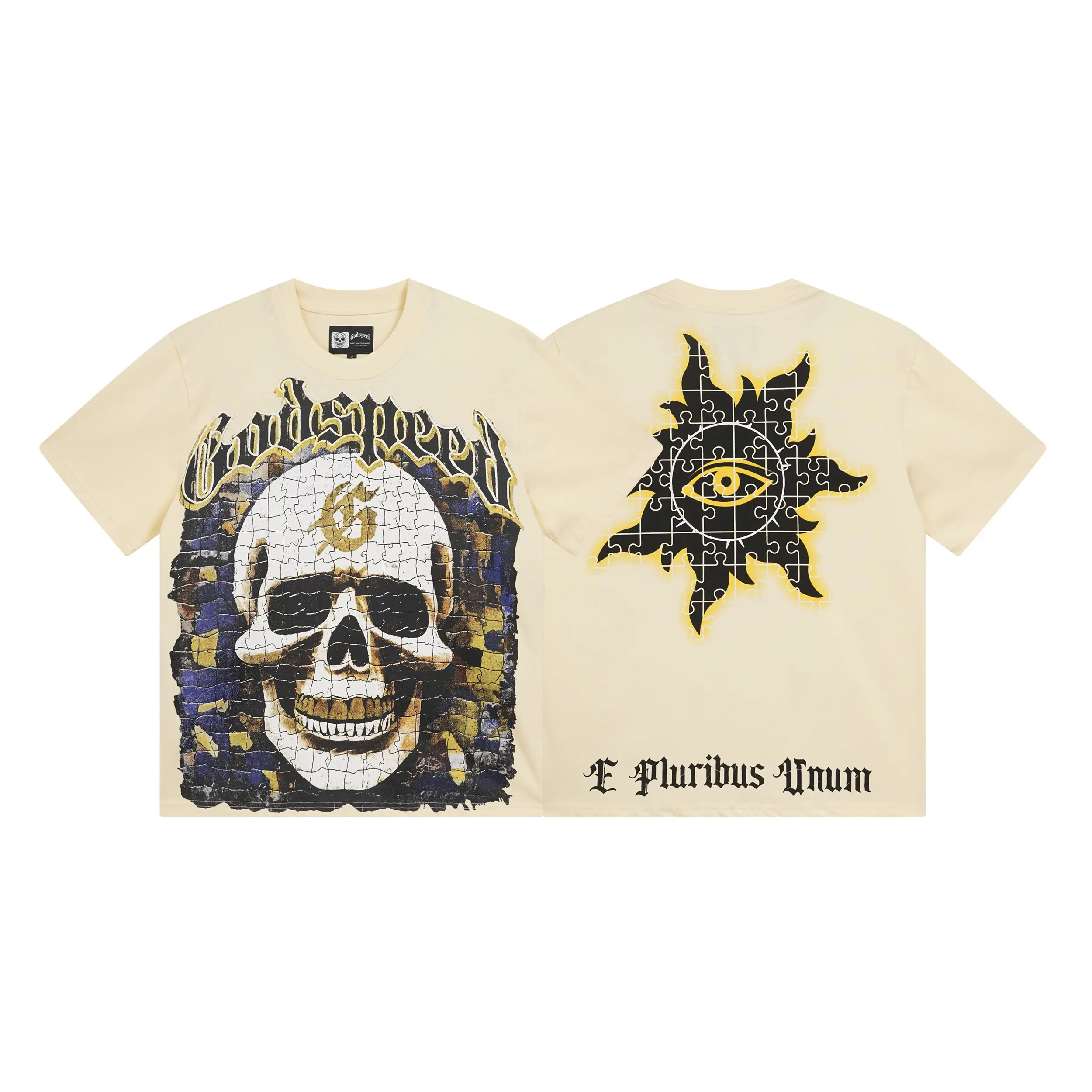 Y2K GODSPEED Puzzle Skull Graphic Tee Cream Heavyweight Cotton Vintage Rock Streetwear T-Shirt Unisex