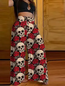 Halloween Christmas Cartoon Print Women's Elastic High Waist Wide Leg Pants, Horror Skull Design, Role-Playing Costume, Casual Fitted Woven Fabric, All Seasons Wear
