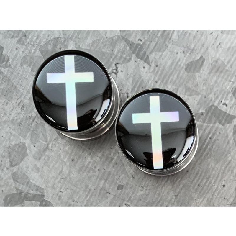 PAIR of Stunning Hologram Cross Screw Fit Surgical Steel Tunnels/Plugs - Only 0g(8mm) Left In Stock!
