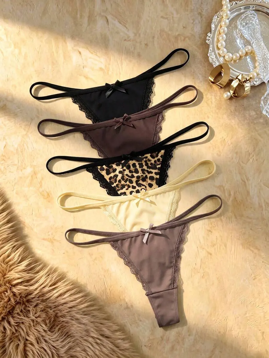 Seduluxe  5pcs/Pack Women's Lace Patchwork Bow Tie Leopard Print Thong Panties