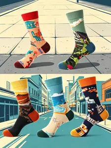 5 Pairs Vintage Landscape Socks, Unisex, Odor-Resistant, Durable, Bright Colors, Perfect for Daily Wear, All Seasons