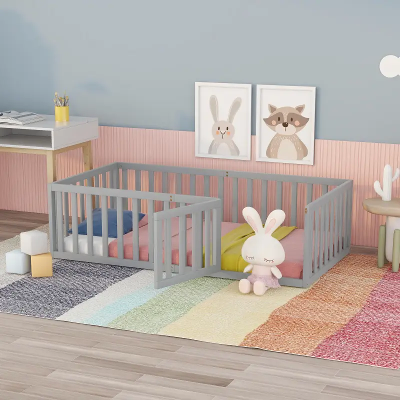 Gray Twin Size Natural Solid Pine Wood Daybed Frame with Safety Fence - Floor Bed, 8in Height, 77.2" x 41.3" x 21.7" Dimensions, 42lbs Weight, Clean Lines, Walnut Accent, Easy Assembly (OLD SKU: WF-289661-AAE), Toddler Floor Bed