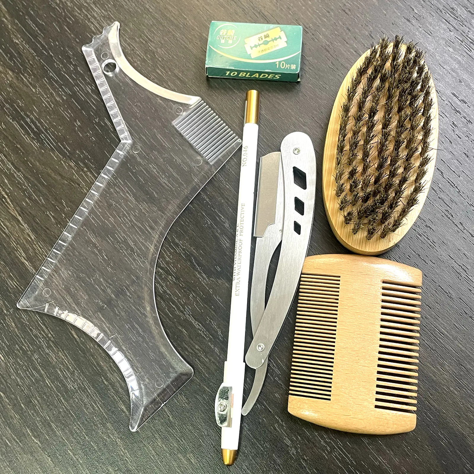 YAYAMO Beard Grooming Kit for Men - 6-Piece Complete Set for Beard Styling and Shaping, Mustache Definition, Straight Razor with 10 Blades, Shaping Template, Precise Trim, Unscented Solid Soap, All Skin Types