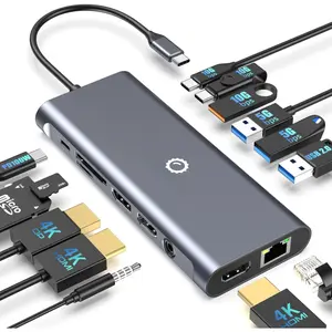 USB C Docking Station Dual , 14 in 1 Laptop Docking Station 3 Monitors with 2 HDMI 4K, DP, Ethernet, USB C/A 3.1, 100W PD, SD/TF, 3.5MM Audio/Mic, Compatible for MacBook, , , Surface