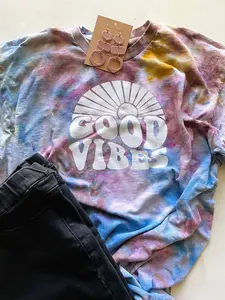 Good Vibes Ice Dyed T-Shirt, Tye Dye Shirt, Crewneck Comfy Tee, Retro Design, Boho Chic, Preppy Basic Shirt, Pink Blue and Yellow Tie Dye, Unique Style, Stylish and Comfortable, Everyday Tee, Retro Vibes, Gift for Friend, Hand Dyed in Studio One of a Kind