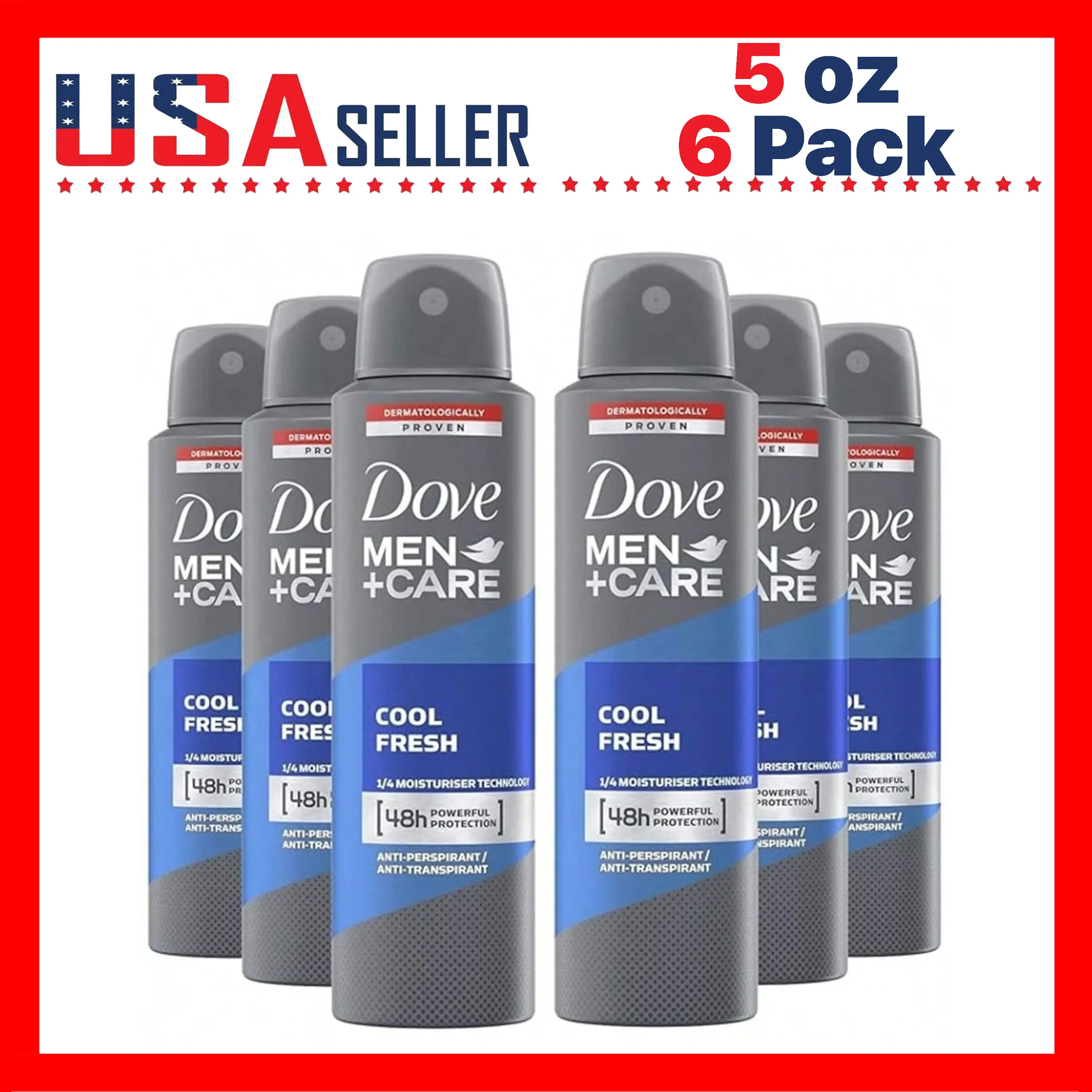 Dove Men+Care Cool Fresh Spray Deodorant 150ml / 5.07oz x [6 Pack]— Long Lasting Fresh Scent Body Spray for Men, Lightweight Quick-Dry Feel, 48H Odor Control, Gym & Travel Size Grooming Essential