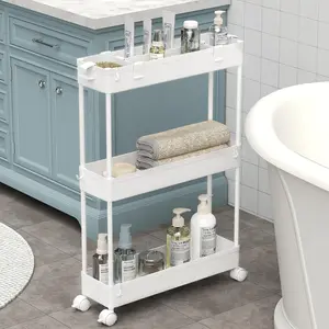 Slim Cart 3 Tier,Organizer Rolling, Mobile Shelving Unit Slide Out for Office,, Laundry Room & Places,White
